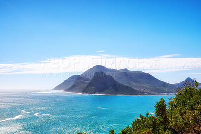 Buy stock photo A photo mountains, coast and ocean from Shapmanns Peak, with Hout Bay in the background. Close to Cape Town