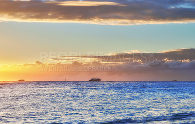 Buy stock photo Beach, sunshine and clouds