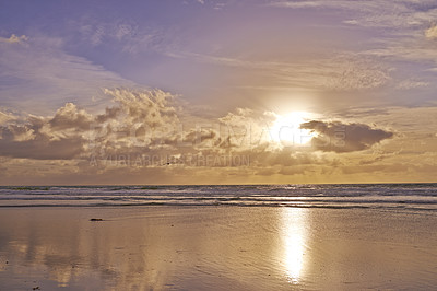 Buy stock photo Beach, sunshine and clouds