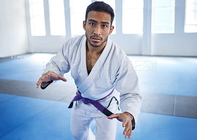 Buy stock photo Man, portrait or fighting for martial arts sport in fitness center for self defense, ready or discipline. Athlete, pov and serious with uniform for training, practice or wellness for competition