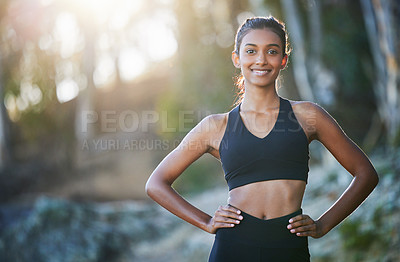 Buy stock photo Woman, portrait and forest for fitness with cardio, endurance and running for adventure and morning workout routine. Exercise, training and sports outdoor with runner or athlete hiking for challenge