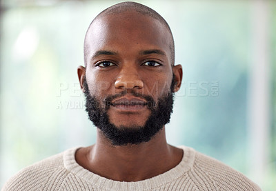 Buy stock photo Face, serious and black man at creative business, startup and career mindset, confident and casual on blurred background. Portrait or headshot of a young African person, worker or entrepreneur in USA