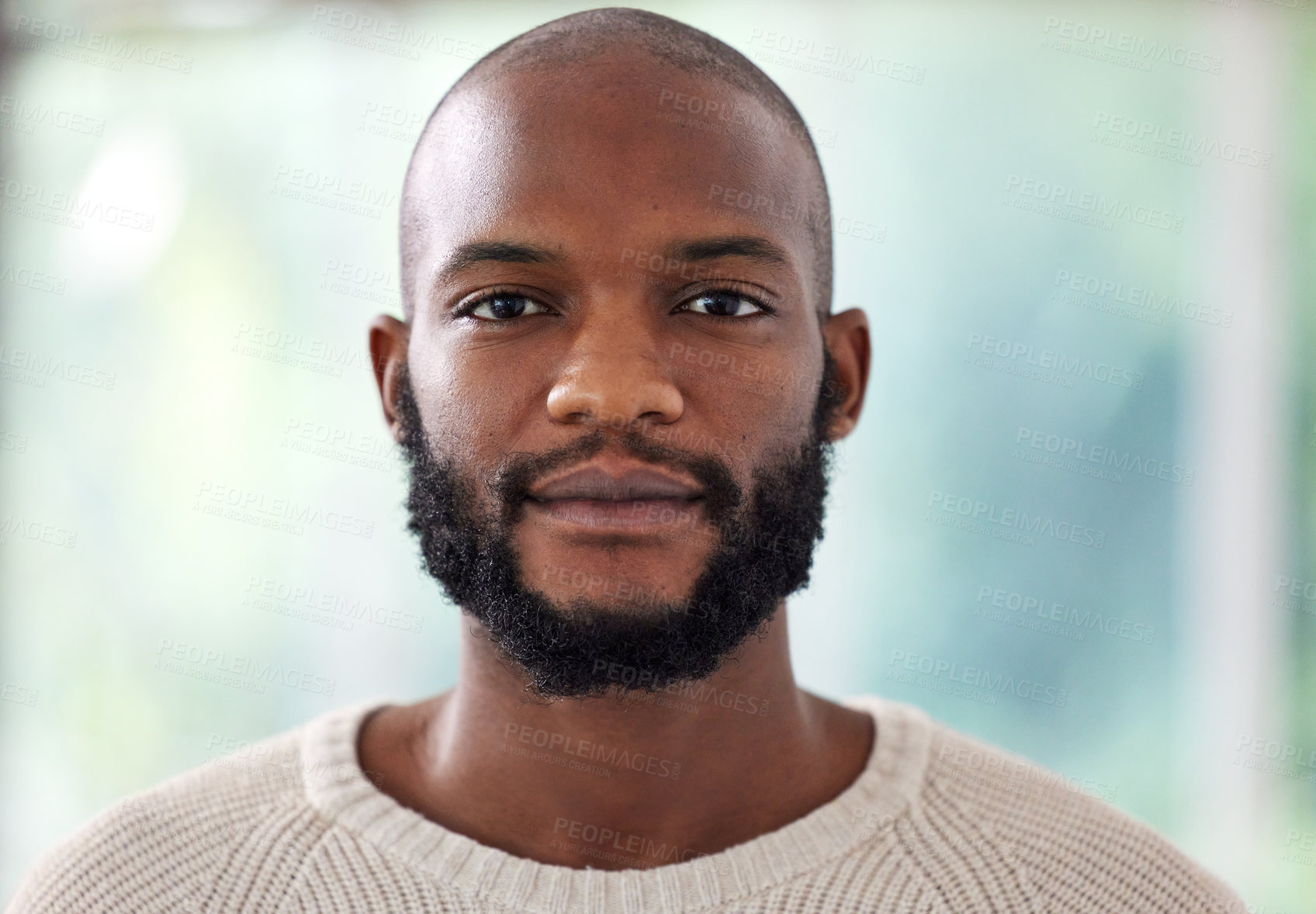 Buy stock photo Face, serious and black man at creative business, startup and career mindset, confident and casual on blurred background. Portrait or headshot of a young African person, worker or entrepreneur in USA