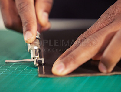 Buy stock photo Shoemaker, hands and tool to cut leather with closeup in workshop for creative skill, small business or craft. Professional, artisan and person win warehouse with material or equipment for diy design