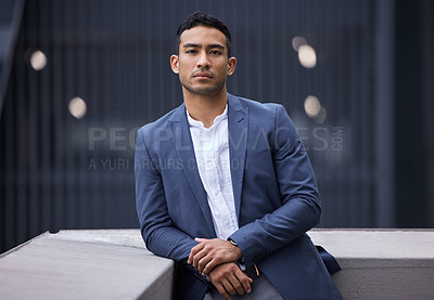 Buy stock photo Serious, pride and portrait of businessman in city for entrepreneur career in Mexico. Professional, outdoor and face of male executive in corporate suit with confidence for company in urban town.