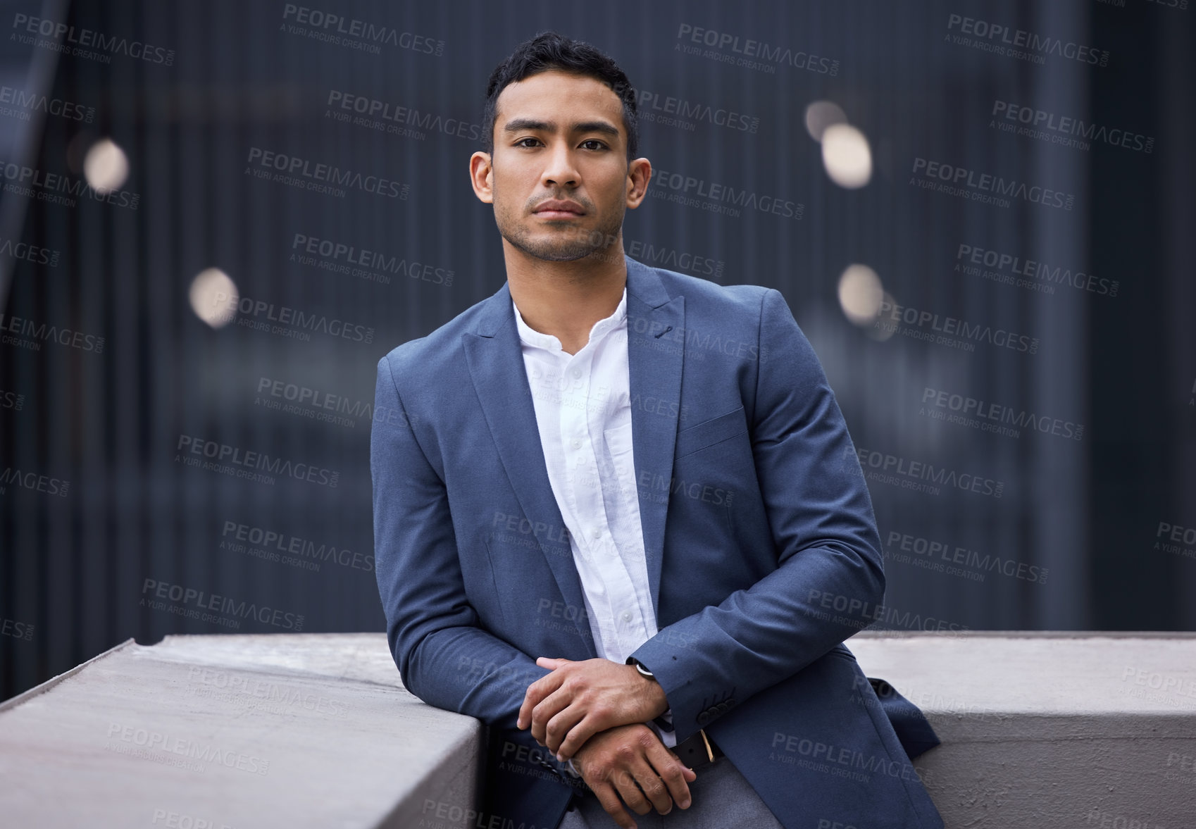 Buy stock photo Serious, pride and portrait of businessman in city for entrepreneur career in Mexico. Professional, outdoor and face of male executive in corporate suit with confidence for company in urban town.