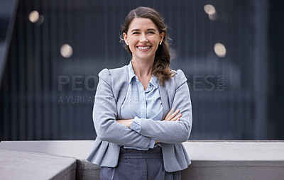 Buy stock photo Smile, crossed arms and portrait of business woman in city for entrepreneur career motivation in Mexico. Professional, happy and face of corporate executive with pride for company in urban town.