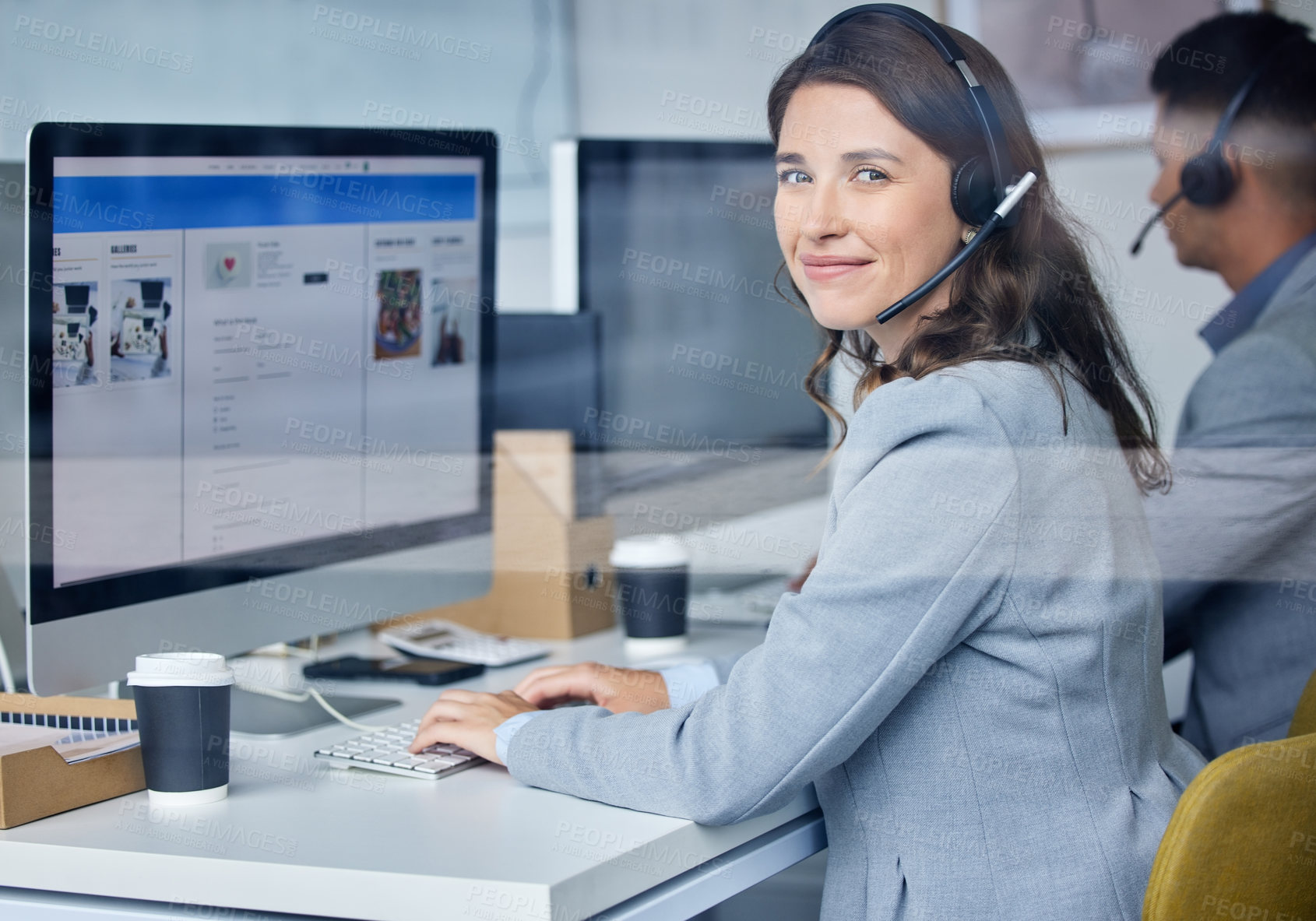 Buy stock photo Woman, portrait and call center in office with computer, headset and team for communication with screen. Operator, telemarketing and consultant with customer service for tech support, smile and crm.