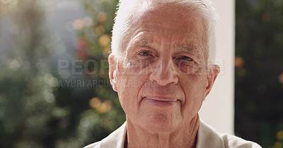 Buy stock photo Senior man, portrait and home with smile, happiness and wellness for retirement or holiday. Pensioner, garden and summer sunshine for nature, peace and elderly health with fresh air and comfort