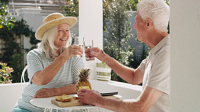 Buy stock photo Senior, couple or drink in garden with toast for retirement, planning vacation for anniversary. Husband, wife and patio for cheers with water, sunshine and celebrate in summer with partner in home