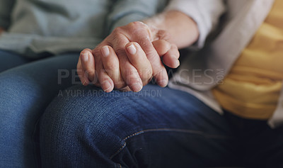 Buy stock photo Senior, couple and closeup of holding hands for support in retirement home with commitment and promise. Elderly, people and fingers together for trust, loyalty and security with comfort, love or care