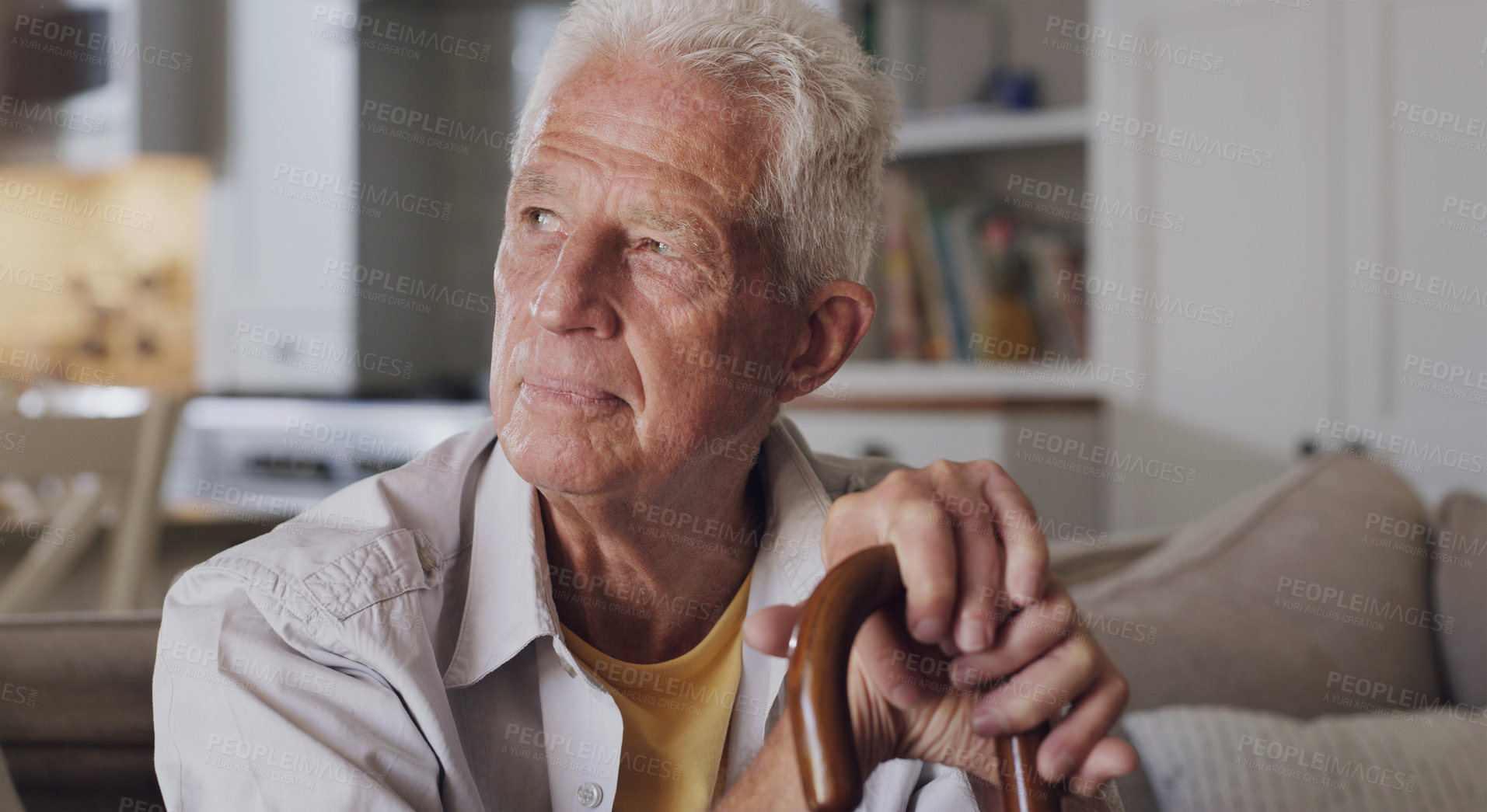 Buy stock photo Senior man, thinking and walking stick in house sitting on sofa for retirement, relax and comfort. Elderly person, happy and cane in home for peace, calm and pension while being nostalgic with vision