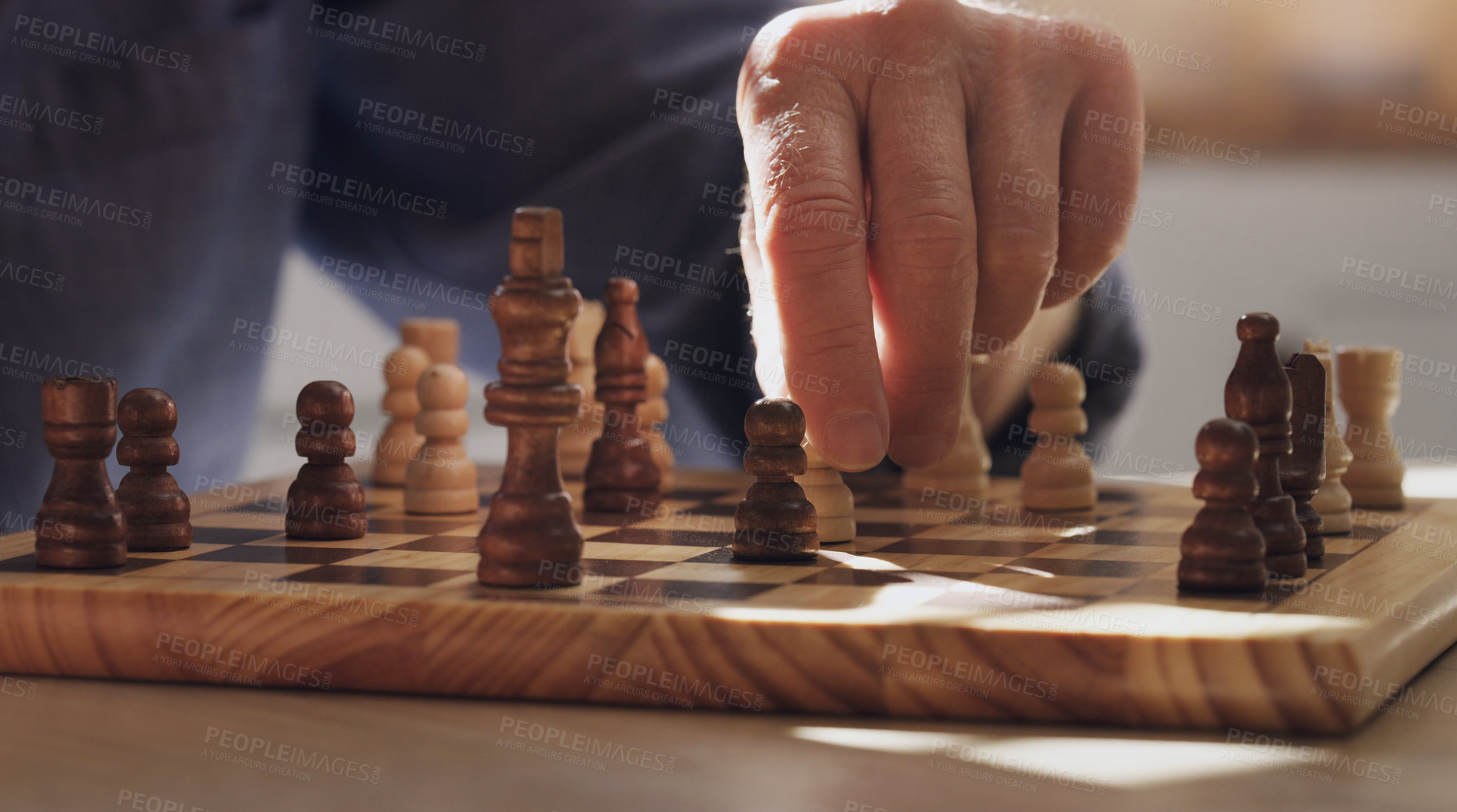 Buy stock photo Game, hand and choice in chess, table and board of wood, strategy and challenge for person, house and relax. Home, problem solving and contest or hobby, skill and brain for competition in weekend