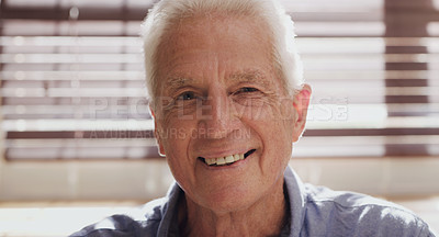 Buy stock photo Senior man, portrait and closeup in house with smile for retirement, memories and happiness. Elderly person, face and relax in nursing home on pension for fathers day, peace and calm with comfort