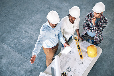 Buy stock photo Business people, architect and blueprint in meeting for construction, planning or collaboration with tablet mockup. Top view of group or engineering team in architecture project or floor plan on site