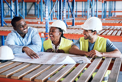 Buy stock photo Business people, architect and blueprint laughing in construction, planning or funny team building on site. Happy contractor in teamwork, laugh or project plan in fun industrial architecture together