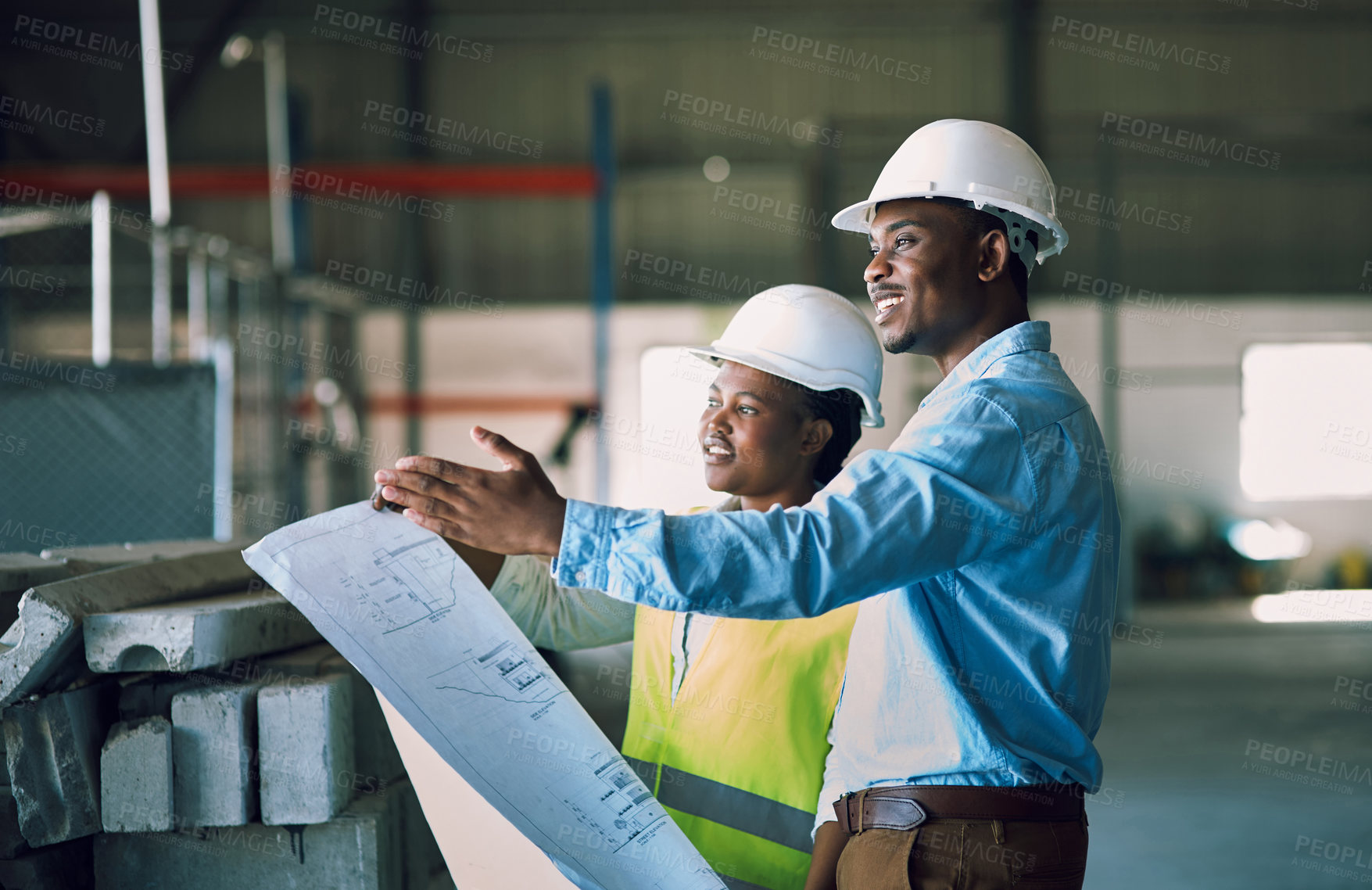 Buy stock photo Black people, architect and blueprint for project management in construction, planning or teamwork on site. African man and woman contractor with floor plan and documents for industrial architecture