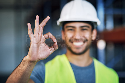 Buy stock photo Happy man, architect and hands with okay sign for construction success or good job on site. Hand of male person, engineer or contractor showing OK emoji, yes or perfect gesture for architecture