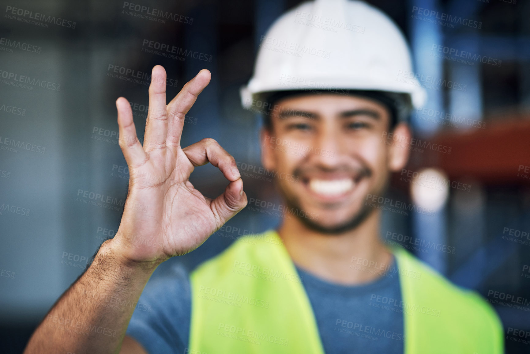 Buy stock photo Happy man, architect and hands with okay sign for construction success or good job on site. Hand of male person, engineer or contractor showing OK emoji, yes or perfect gesture for architecture