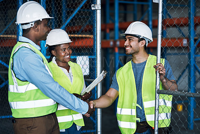 Buy stock photo Builder, agreement and construction hand shake for partnership and meeting for a job. Contractor, collaboration and leadership with shaking hand at work for building project for architect on site.