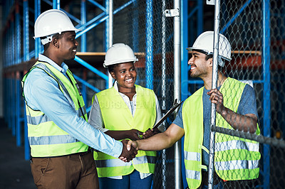 Buy stock photo Contractor, partnership and shake hands at construction site for meeting by leadership. Builder, agreement and warehouse with shaking hand for hiring and collaboration in building industry for a job.