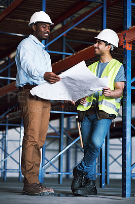 Buy stock photo Happy engineer people, blueprint and meeting for construction, planning or team strategy on site. Architect men in teamwork discussion on project, documents or floor plan for industrial architecture