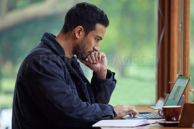 Buy stock photo Man, laptop and cafe with remote work, thinking and research or idea for creative writer. Freelance author, technology and coffee shop with email, business and startup project for website article
