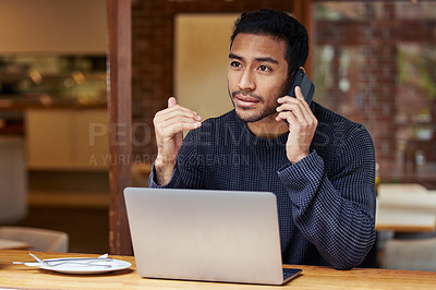Buy stock photo Man, phone call and laptop in restaurant for remote work for contact, listen or negotiation at media agency. Writer, computer and cellphone for story, talk or deal for freelance copywriting in cafe