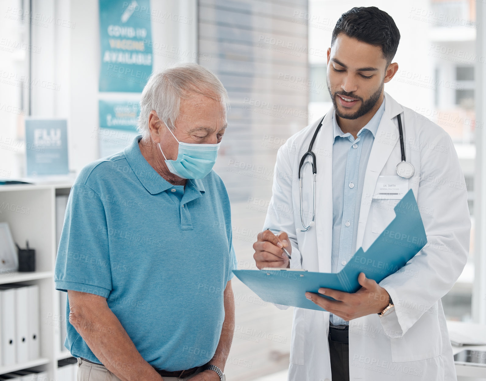 Buy stock photo Doctor, senior patient and talking on file in hospital, medical service and support for healthcare. Elderly person, man and speaking on diagnosis, consulting and planning for treatment and advice