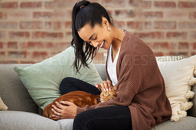 Buy stock photo Love, woman with her cat and on a sofa in living room of her home sitting. Animal care or support, quality or bonding time and happy female person pet her kitten on a couch together at her house