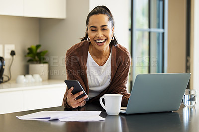 Buy stock photo Technology, woman smile with smartphone and documents with laptop on kitchen counter of her home. Connectivity, networking and remote work with happy female person with paperwork on table with phone