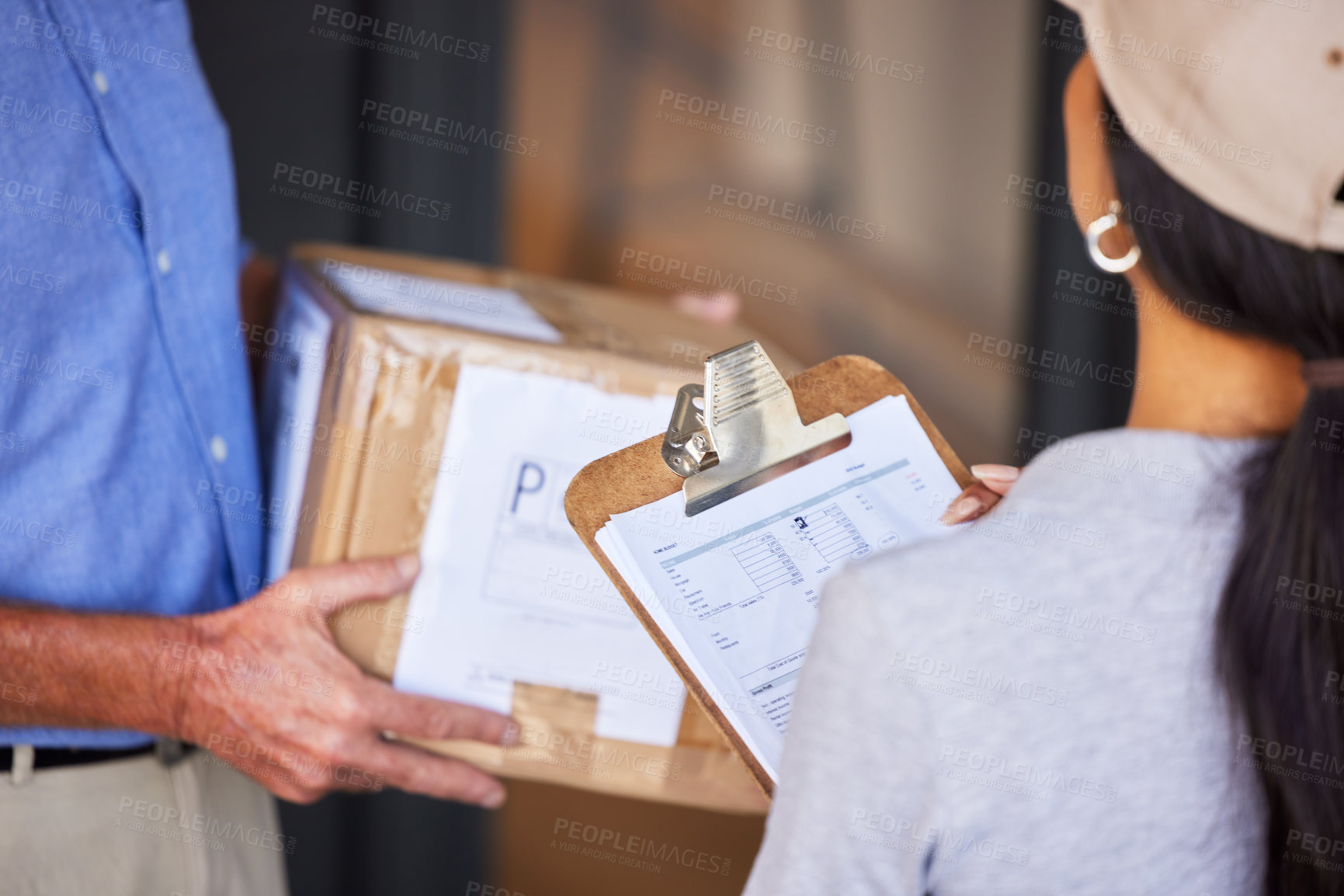 Buy stock photo Courier, package and delivery for ecommerce, logistics and online shopping and supply chain. Woman, customer and retail purchase with cargo, box and commercial service for distribution and freight