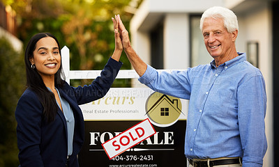 Buy stock photo Sold, realtor portrait and people high five for home investment, property sale and retirement success. Real estate agent, landlord woman and senior man hands together for new house poster or board