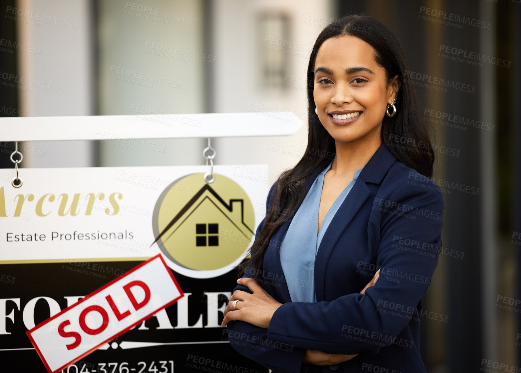 Buy stock photo Sold, real estate and woman in portrait with arms crossed for home investment, property sale and agency. Happy face of agent, realtor or biracial person with house sign or board in business success