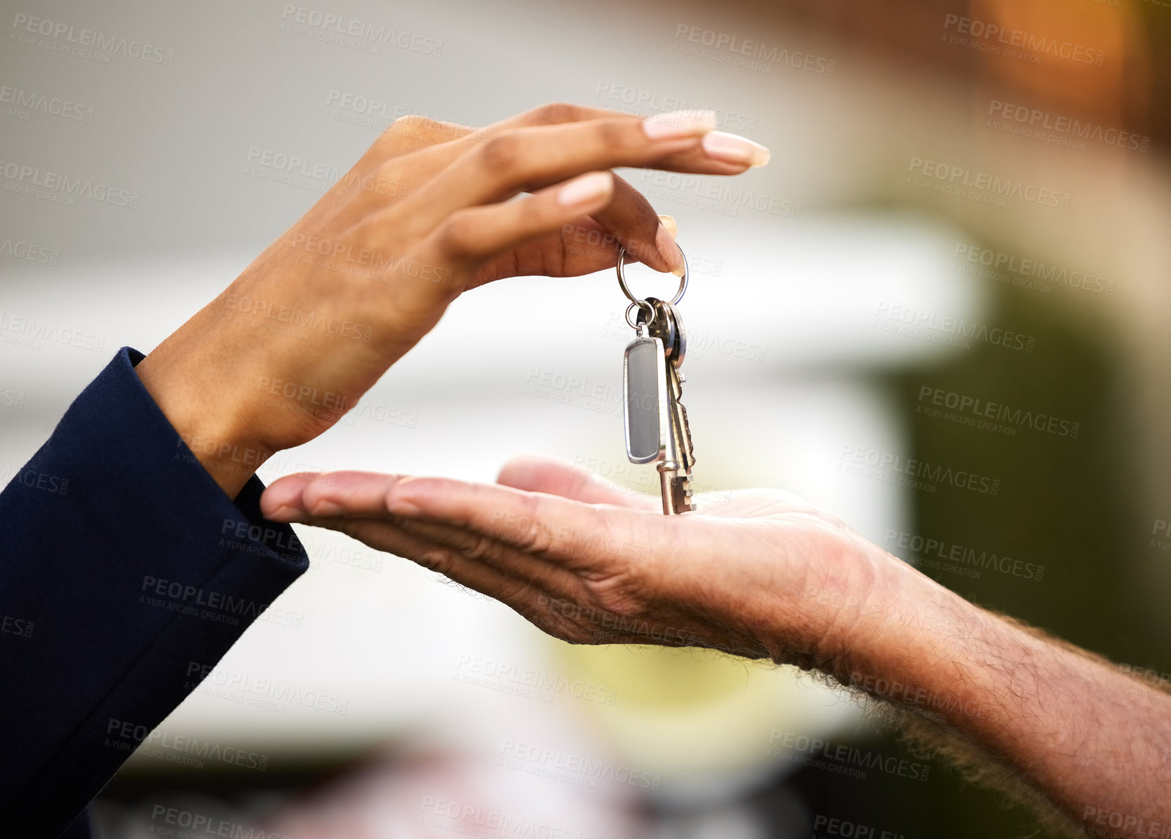 Buy stock photo Keys, realtor and house sold with customer purchase for new home, real estate and relocation. People, deal or property negotiation complete for buying, mortgage loan or residential investment