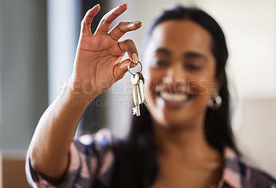 Buy stock photo New house, blur or hand of woman with keys for real estate, property investment or buying apartment. Home goal, achievement and happy female person with pride or smile to celebrate moving in flat