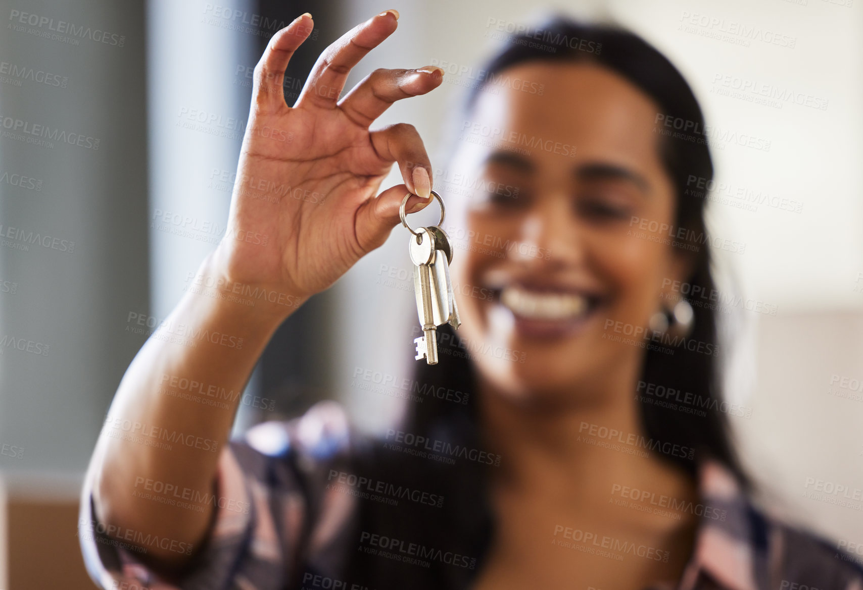 Buy stock photo New house, blur or hand of woman with keys for real estate, property investment or buying apartment. Home goal, achievement and happy female person with pride or smile to celebrate moving in flat