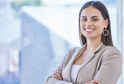 Buy stock photo Happy, business woman and arms crossed for confidence  in professional career as lawyer with mockup space. Smile, female person or leadership with pride, ambition and empowerment from law occupation