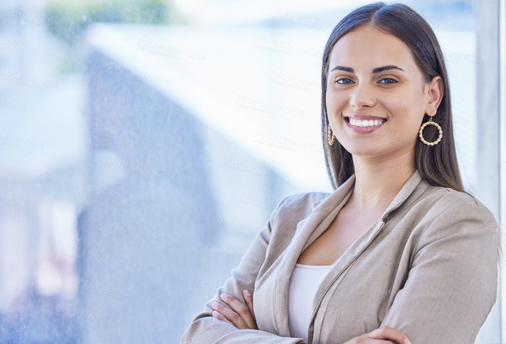 Buy stock photo Happy, business woman and arms crossed for confidence  in professional career as lawyer with mockup space. Smile, female person or leadership with pride, ambition and empowerment from law occupation