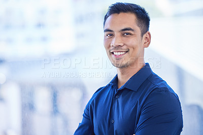 Buy stock photo Happy, business man and face with confidence for professional career success with mockup space. Smile, male person or entrepreneur with pride, ambition and dedication to company goals and mission