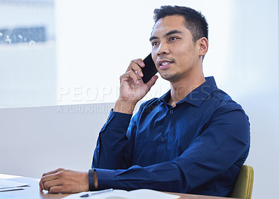 Buy stock photo Phone call, talking or man on laptop for project notes in conversation, business or communication. Planning, negotiation or financial advisor in office for networking for deal, advice or news update