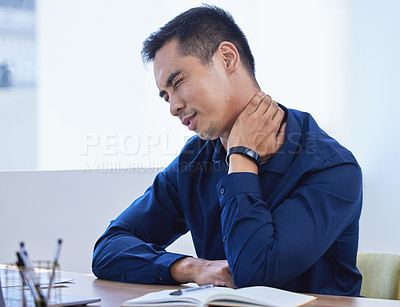 Buy stock photo Businessman, neck pain and office with notebook, burnout and overworked for internship. Creative writer, professional news editor or expert reporter for content creation, publishing and press startup