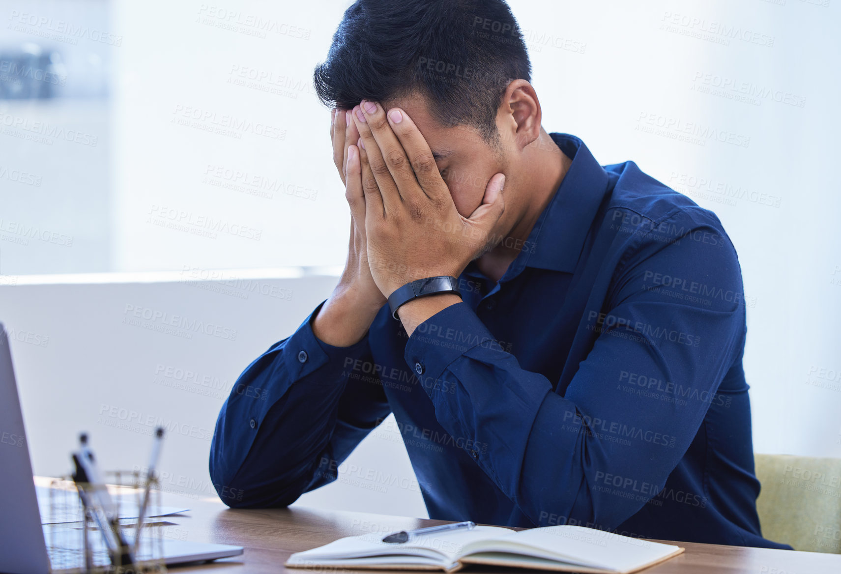 Buy stock photo Businessman, stress and office with notebook, burnout and anxiety for intern goals. Creative writer, professional news editor and expert reporter for content creation, publishing and press startup