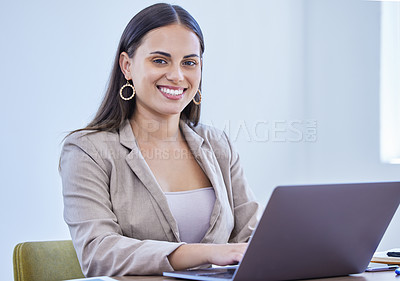 Buy stock photo Businesswoman, portrait and office with laptop, smile and confidence for intern goals. Creative writer, professional news editor and expert reporter for content creation, publishing and press startup