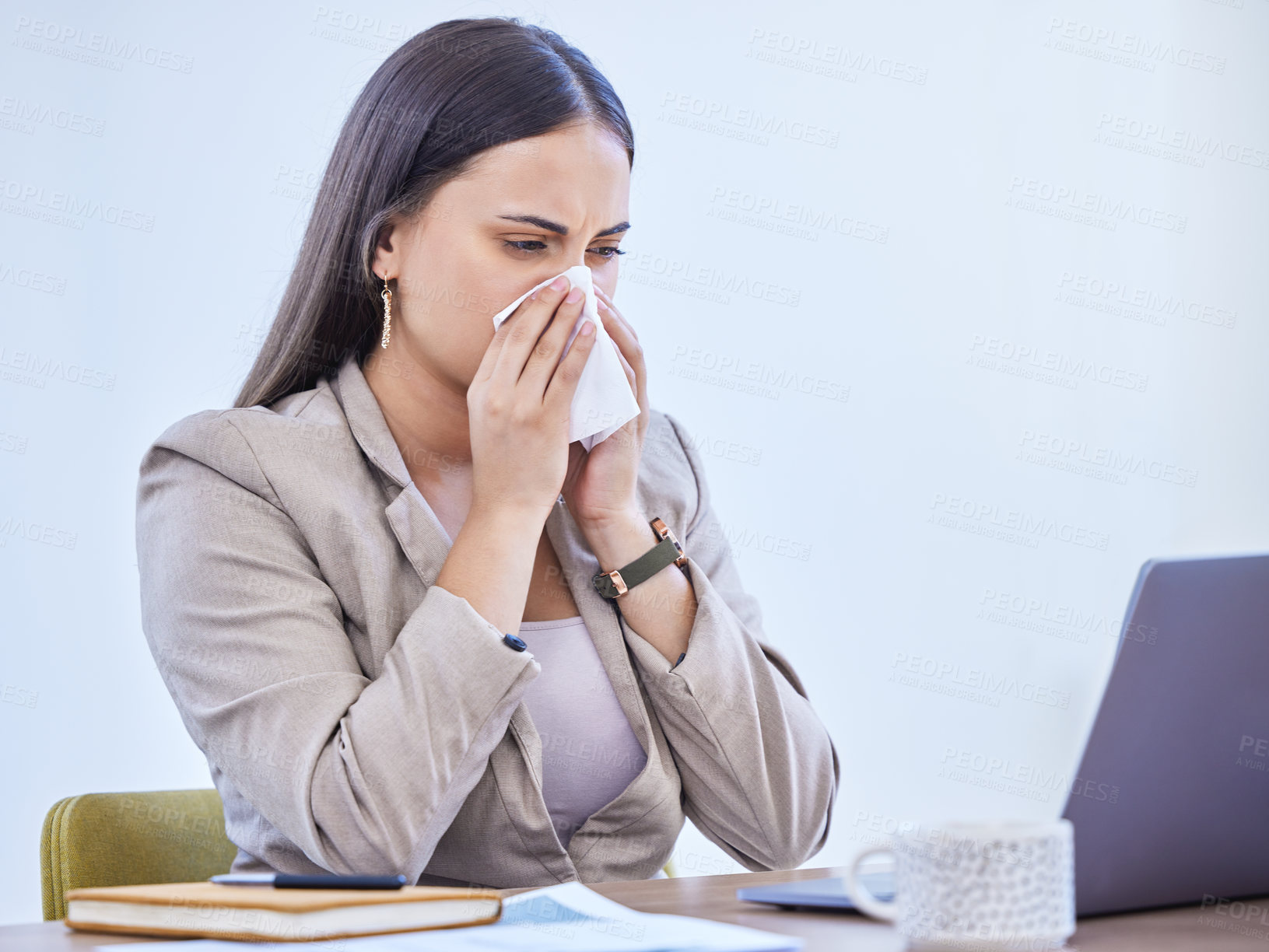 Buy stock photo Sick, woman and nose with tissue in office for flu virus, bacteria or allergies at corporate job. Health, laptop and professional person with toilet paper at work for sinusitis, congestion and safety