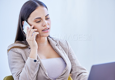 Buy stock photo Phone call, talking or businesswoman on laptop for project notes in conversation, company or communication. Planning, consultant or financial advisor networking for deal, advice, tasks or news update