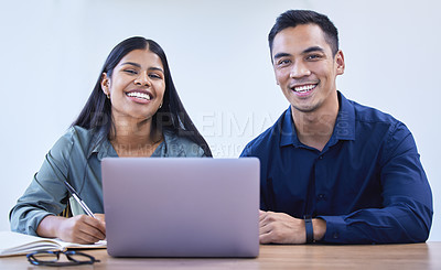 Buy stock photo Business people, portrait and planning with laptop, teamwork and financial consultant in office. Face, investors and accountant with computer, research or internet with cooperation or economy analyst
