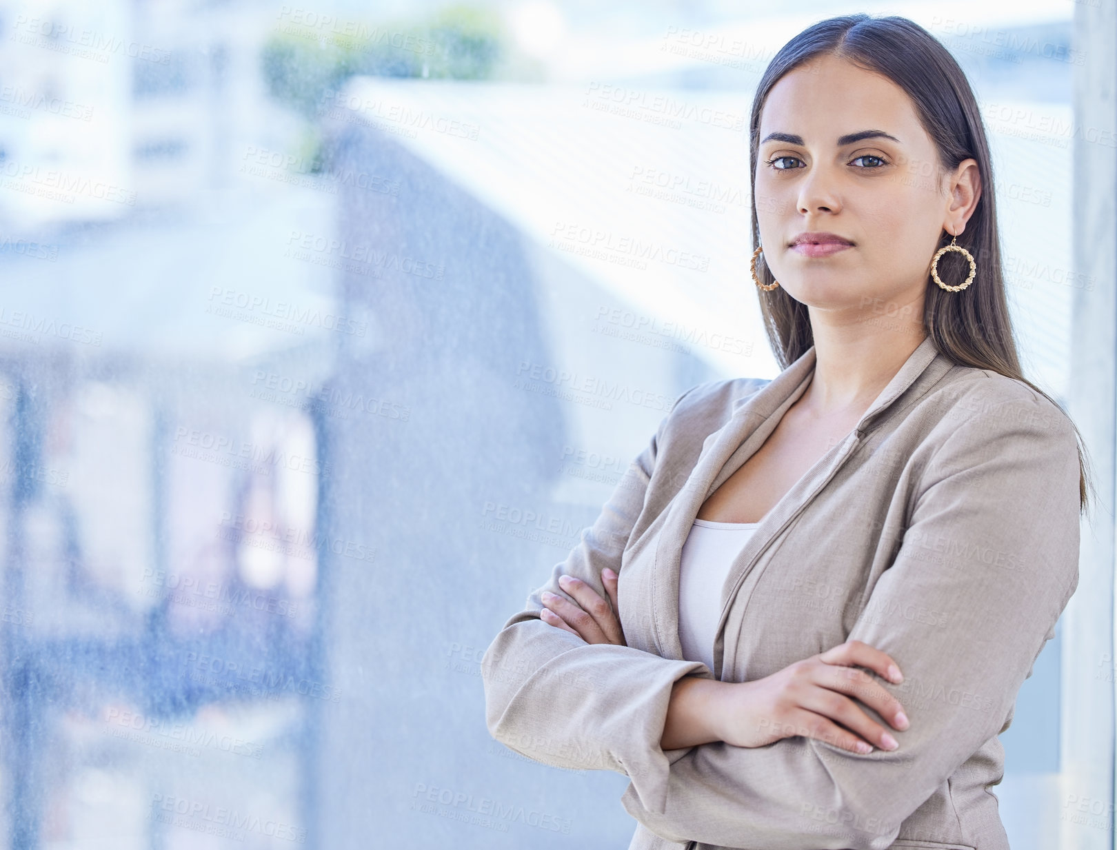 Buy stock photo Serious, business woman and arms crossed for confidence and portrait for professional career with mockup space. Female person or entrepreneur and ambition for work mission, goals and dedication