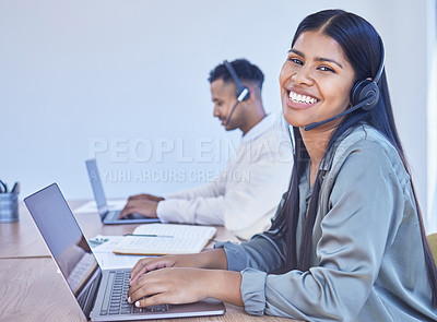 Buy stock photo About us, portrait or woman on laptop in call center office for b2b, consulting or insurance, faq or customer support. Telecom, inbound marketing and friendly lead generation consultant with crm help