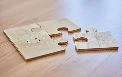 Buy stock photo Abstract, strategy, puzzle on desk in office closeup for creative career, game or solution. Development, planning and vision with jigsaw pieces on wooden table in workplace for business challenge